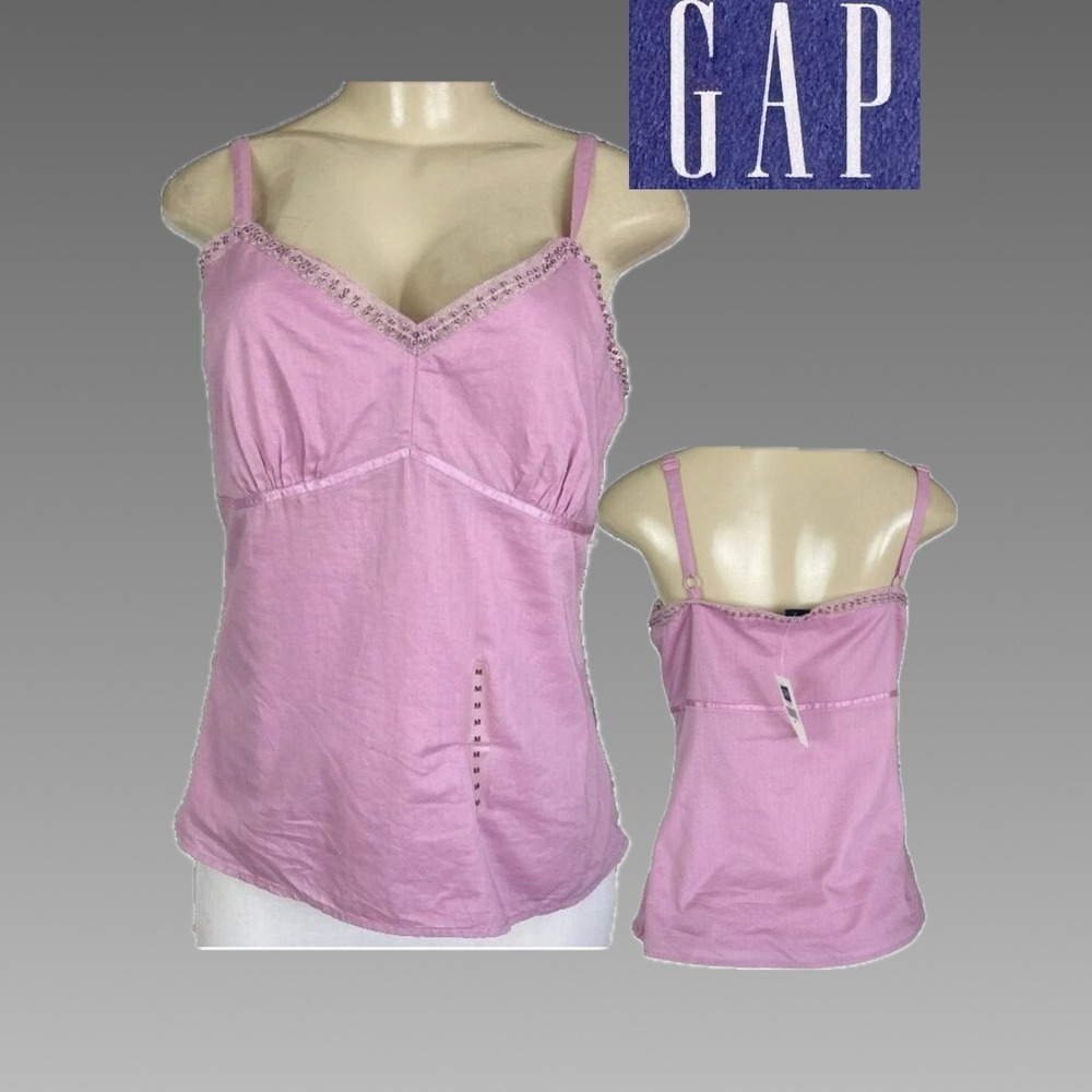 Gap M Lavender Pink 100% Cotton Beaded V-Neck Camisole Adjustable Straps Lined
